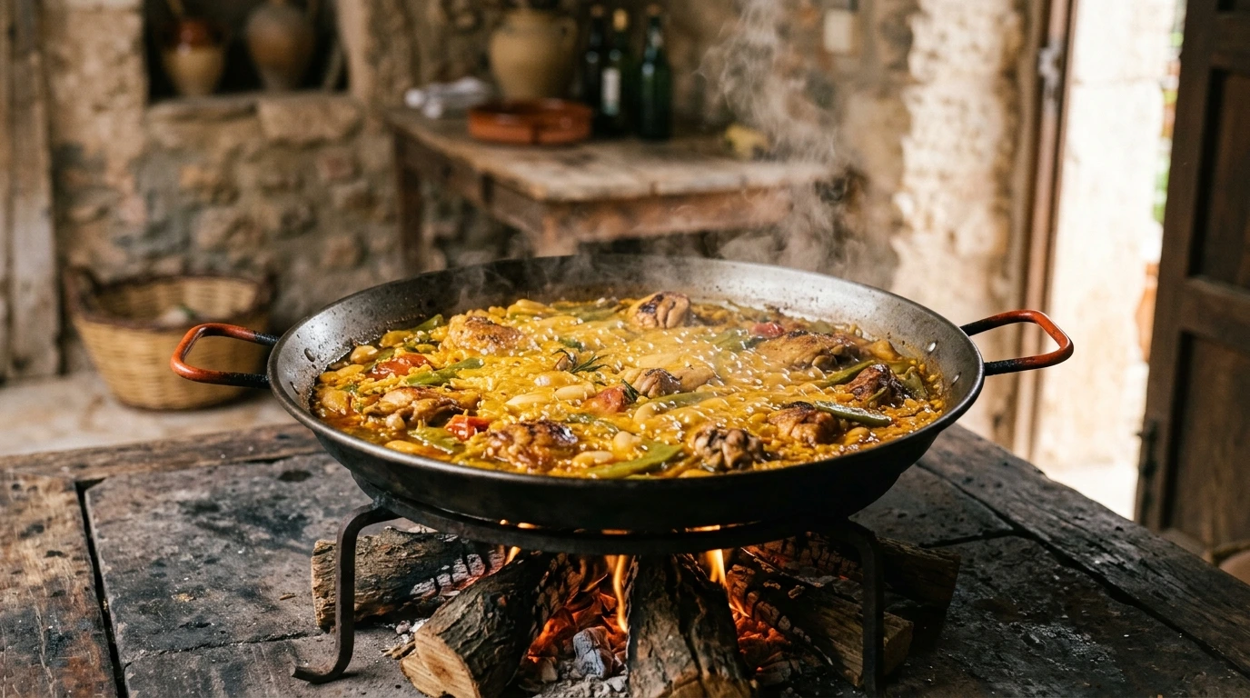 Paella valenciana en cours de cuisson dans sa poêle