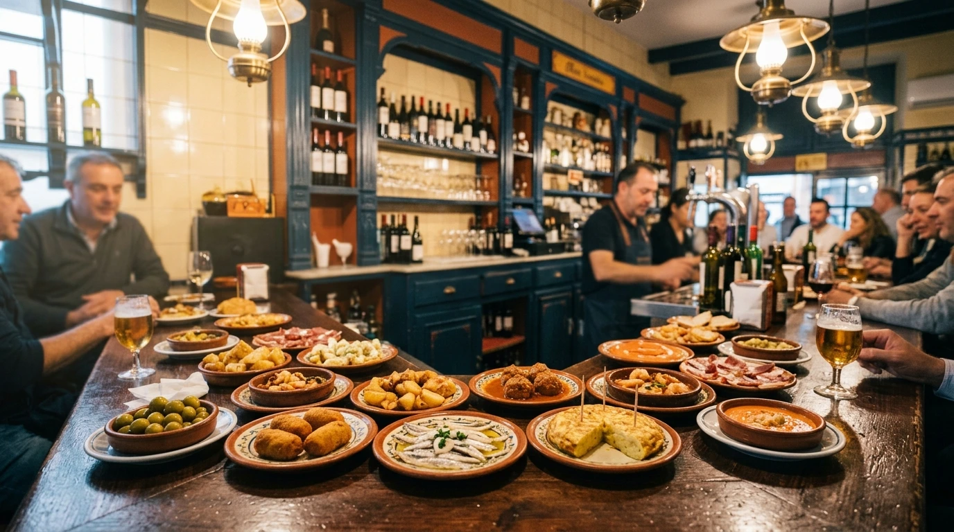 Comptoir de bar à tapas garni de petites assiettes