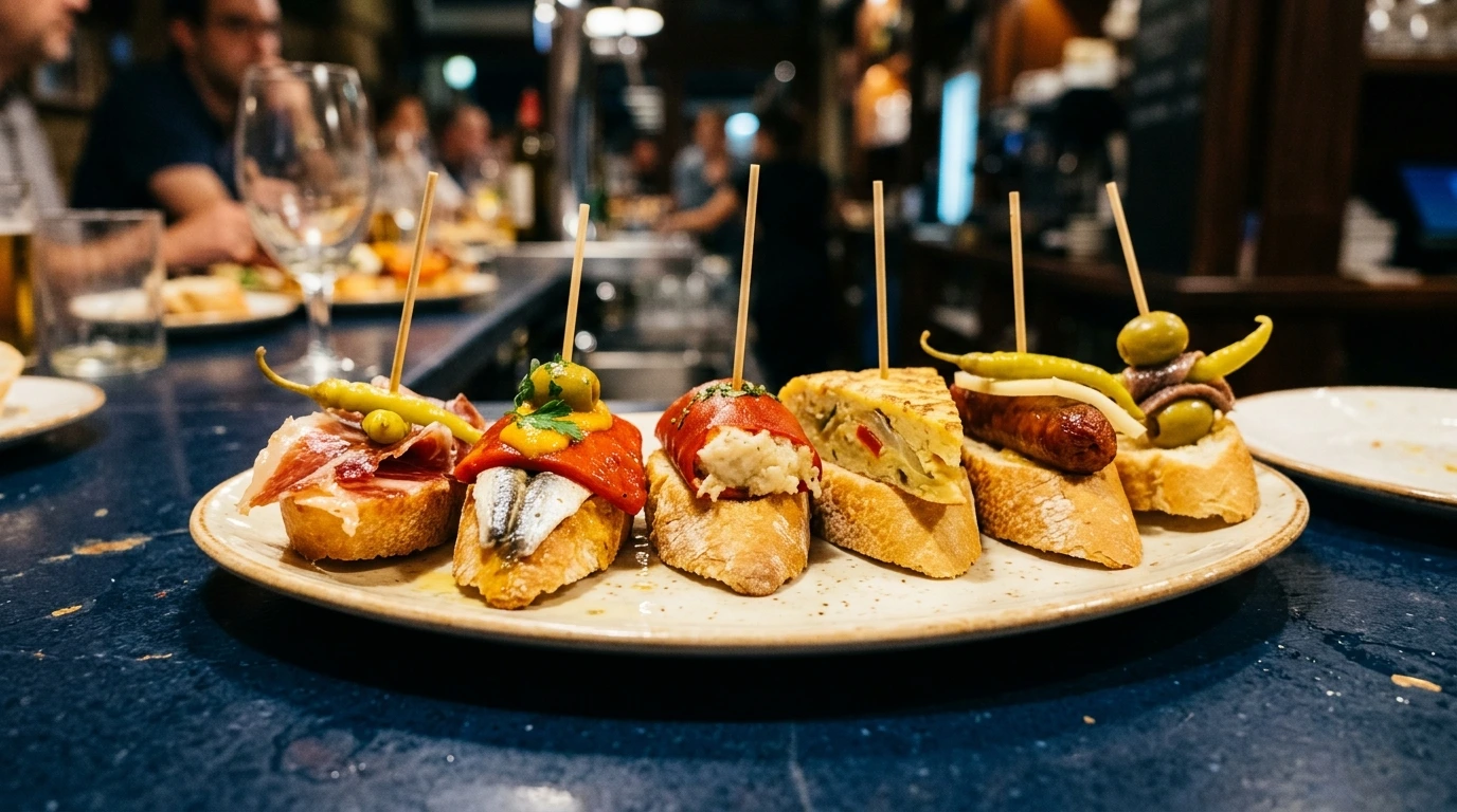 Pintxos alignés sur le comptoir, tenus par leur pique