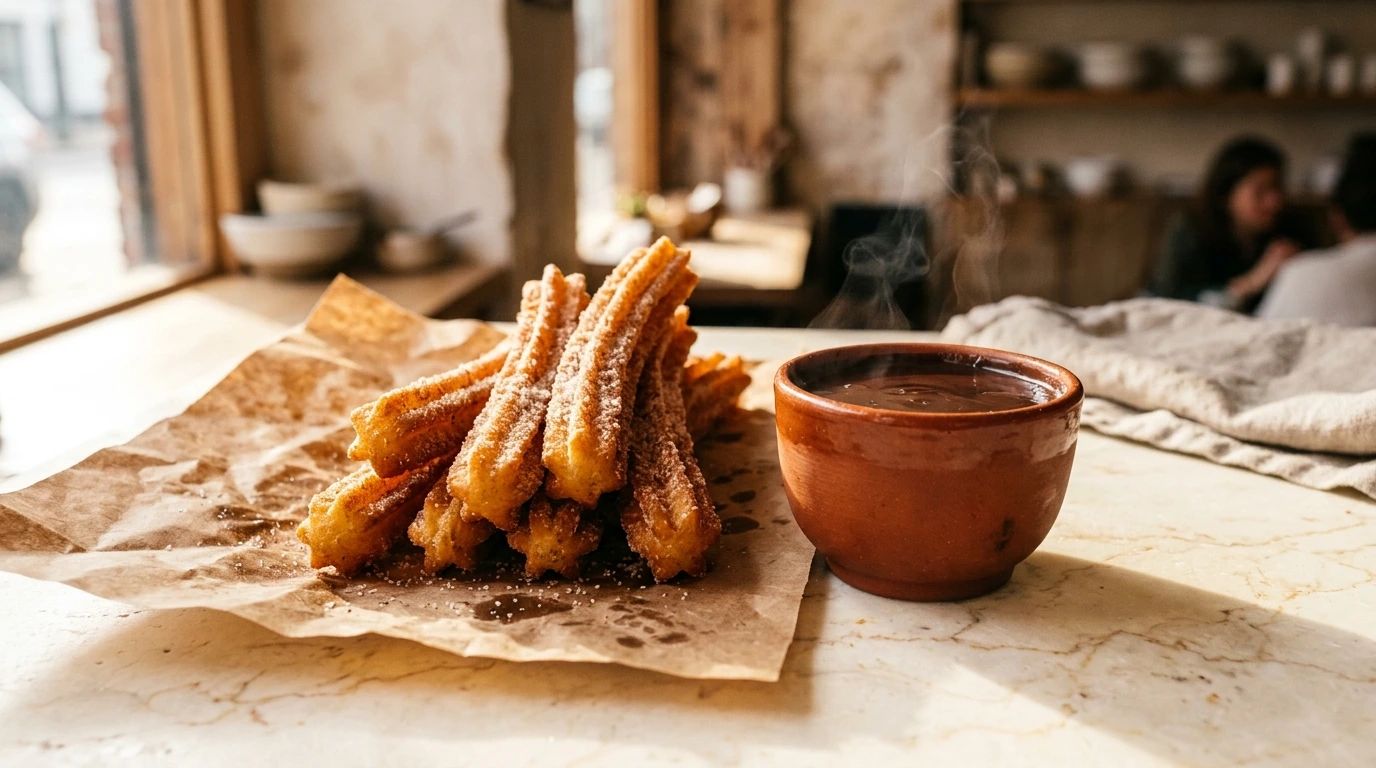 Churros sortant du bain d'huile et chocolat épais
