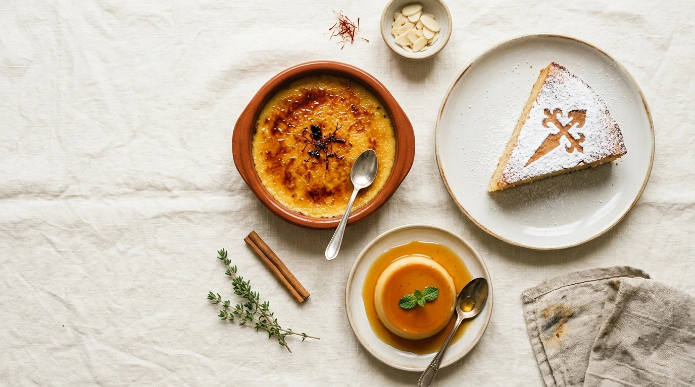 Crema catalana, flan et tarta de Santiago réunis
