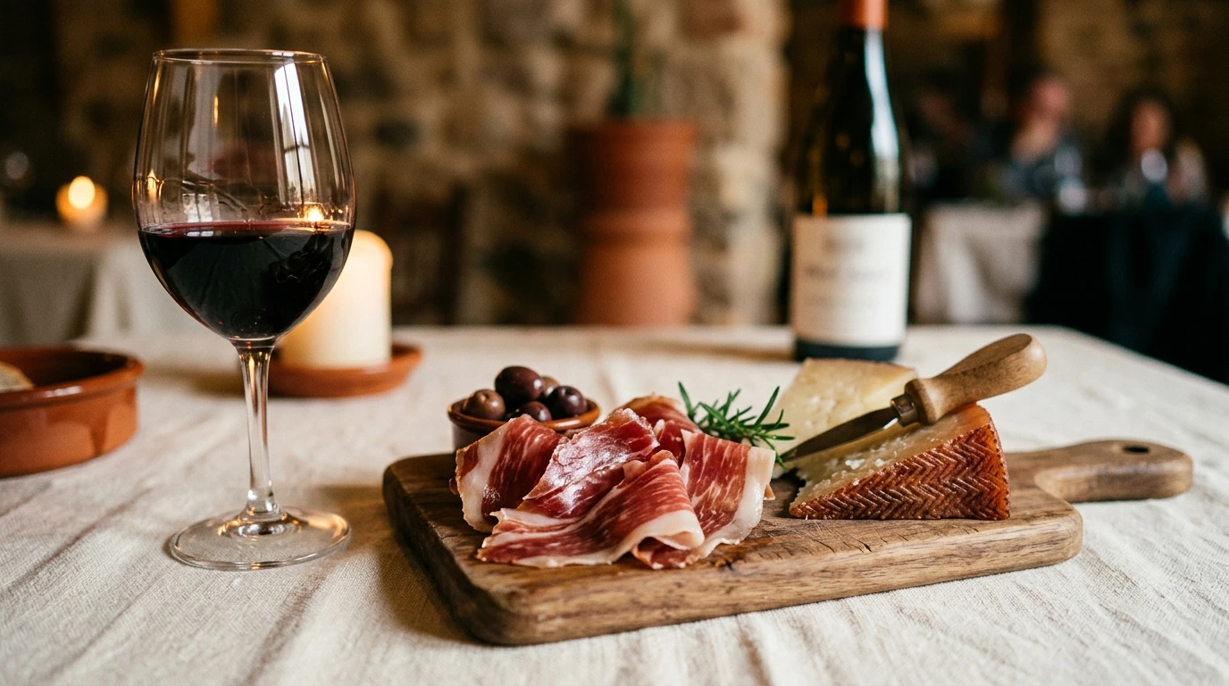 Verre de Rioja servi avec une planche de charcuterie