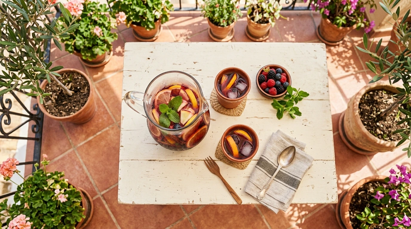 Pichet de sangria aux fruits macérés, servi très frais