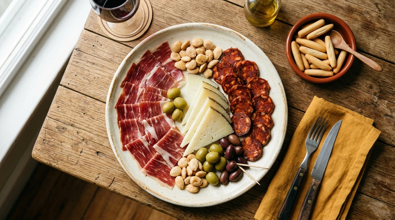 Planche de charcuterie et fromages espagnols dressée