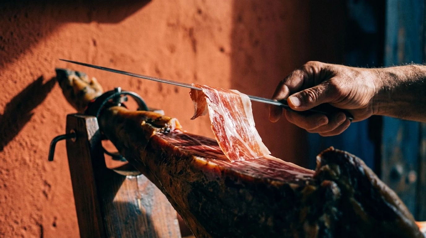 Jambon ibérique tranché finement à la main