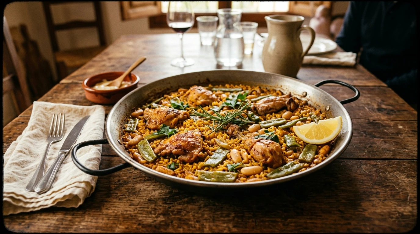 Paella aux fruits de mer dans sa poêle