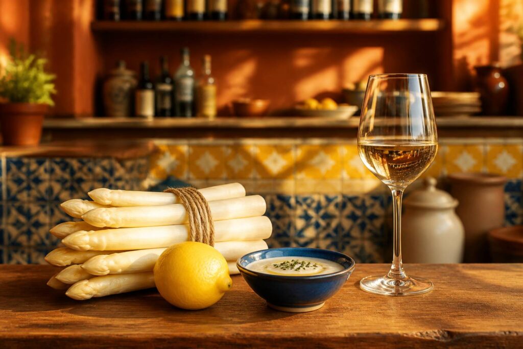 Botte d'asperges blanches liée avec citron sur un comptoir