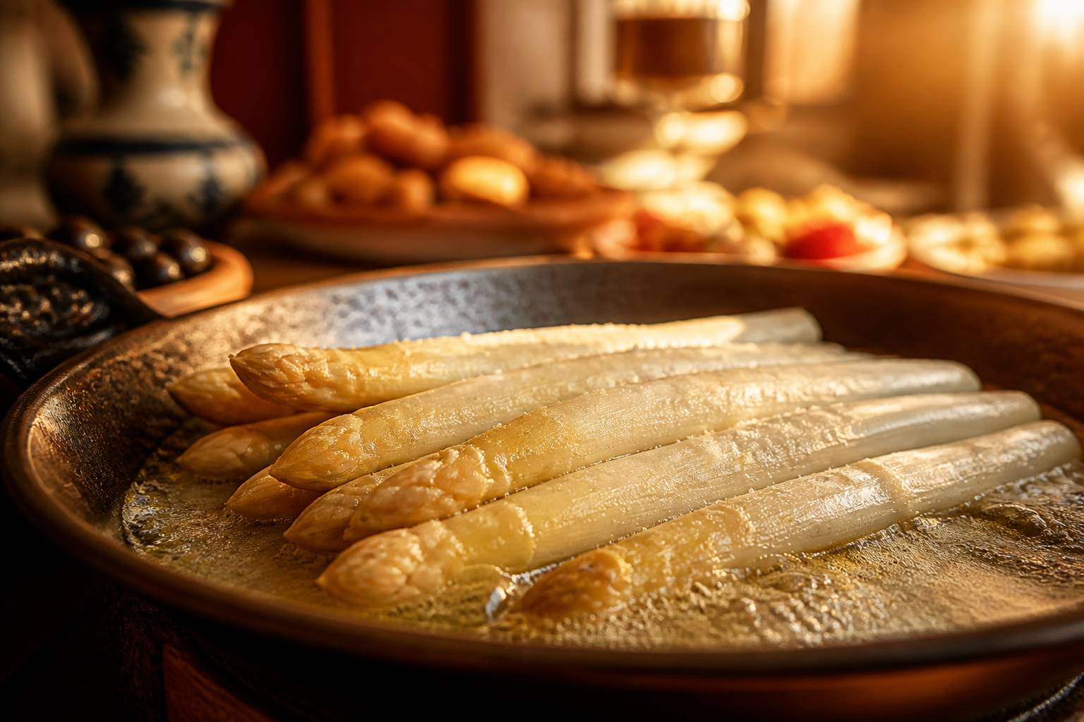 Asperges blanches dorées au beurre dans une poêle