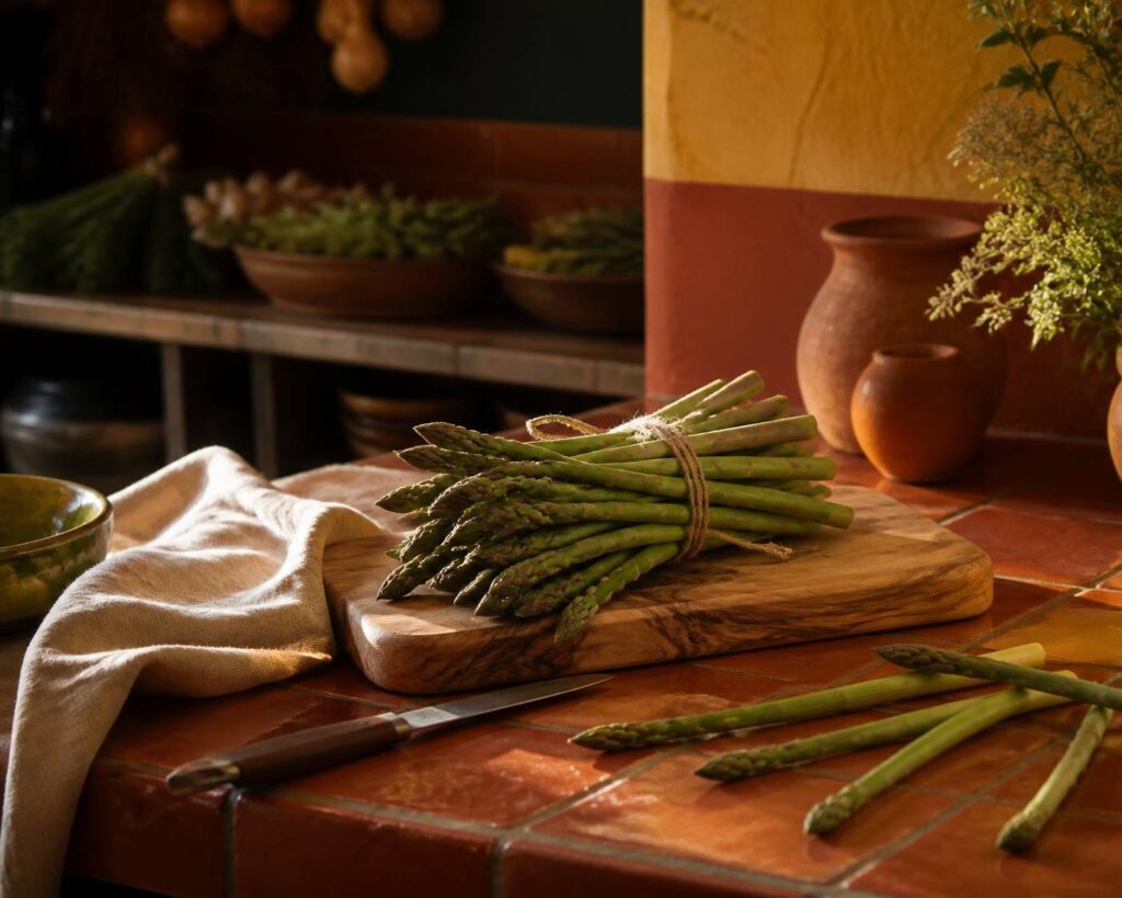 Botte d'asperges vertes fraîches posée sur une planche en bois