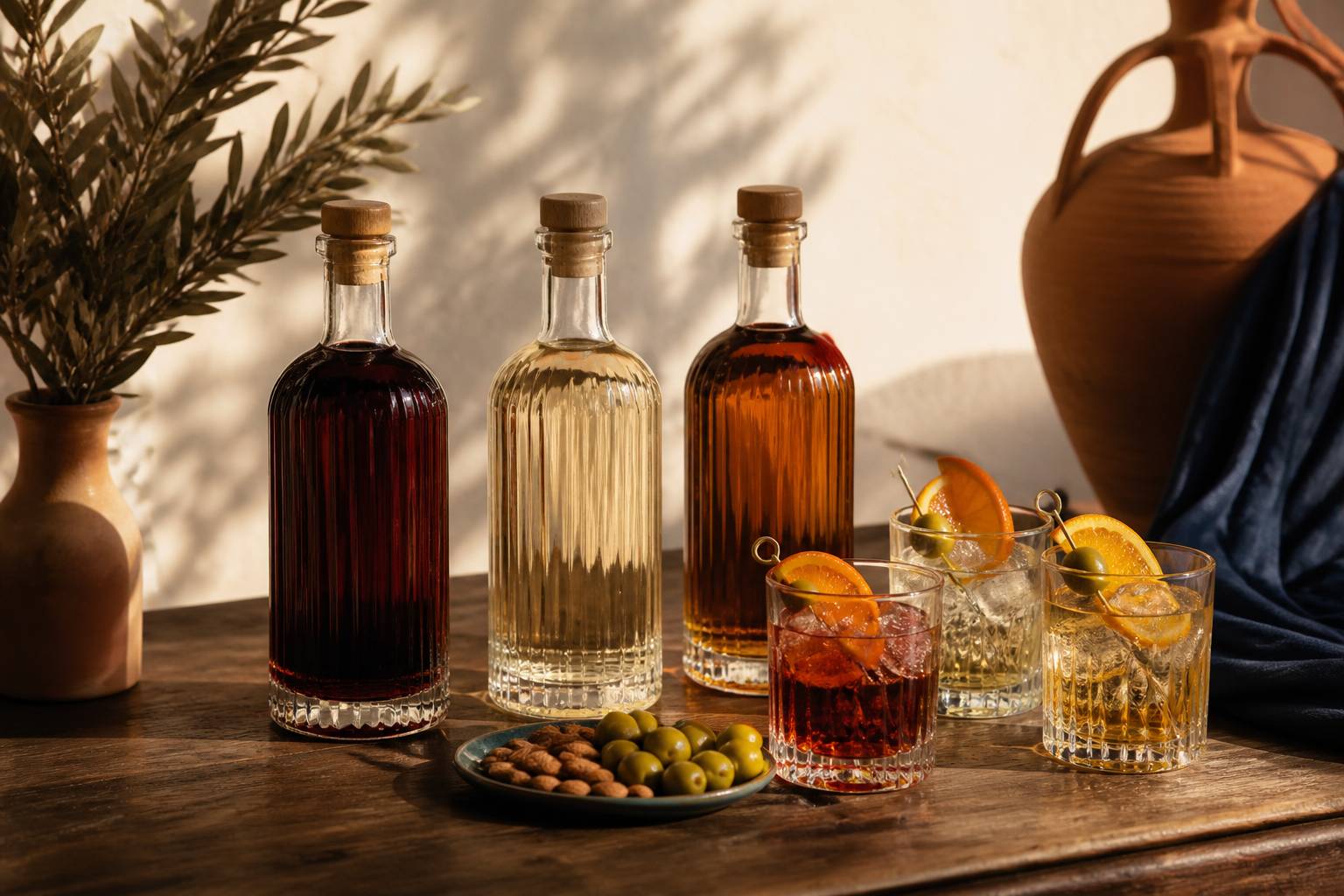 Trois bouteilles de vermouth espagnol avec verres garnis de glaçons, orange et olive