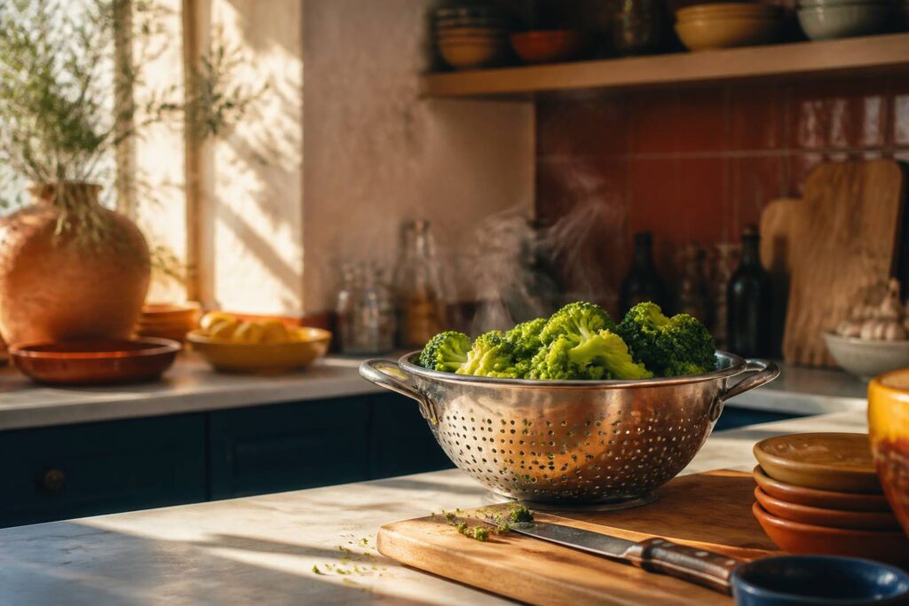 Brocoli vert vif fraîchement cuit à la vapeur dans une passoire sur une planche à découper