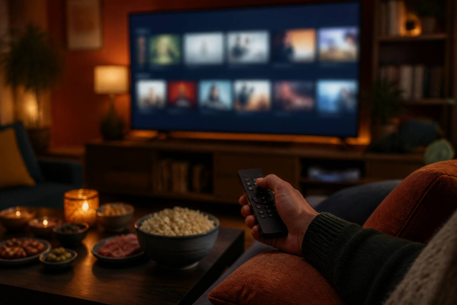 Main tenant une télécommande près d'un bol de popcorn sur un canapé