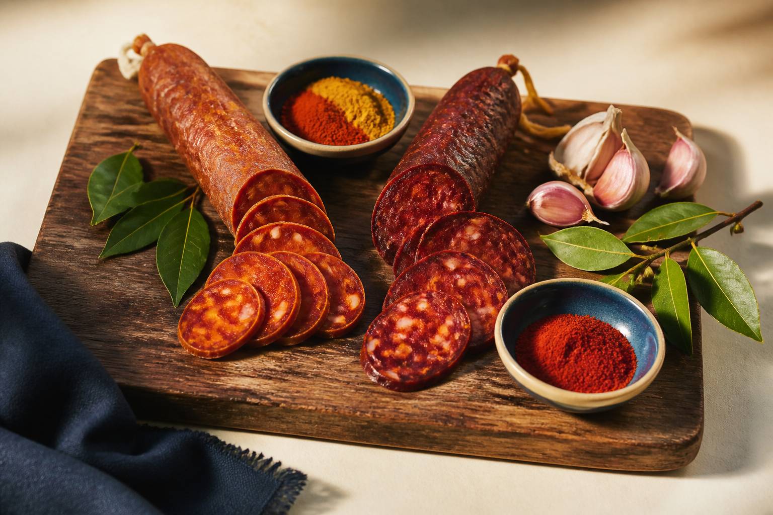 Chorizo doux et piquant comparés en tranches avec bols de paprika et de piment