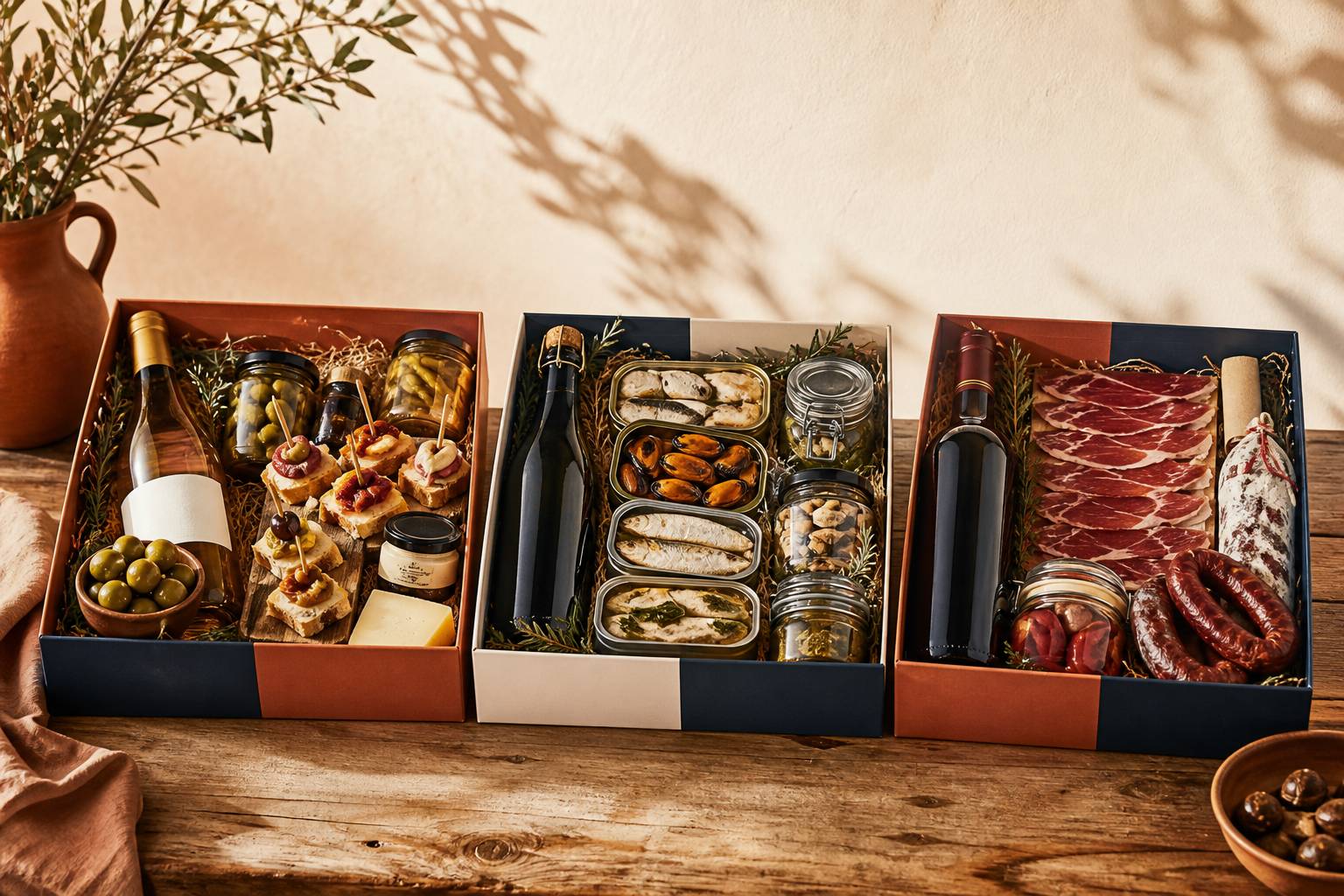 Trois coffrets cadeaux de tapas comparés : basque, marin et ibérique sur table en bois