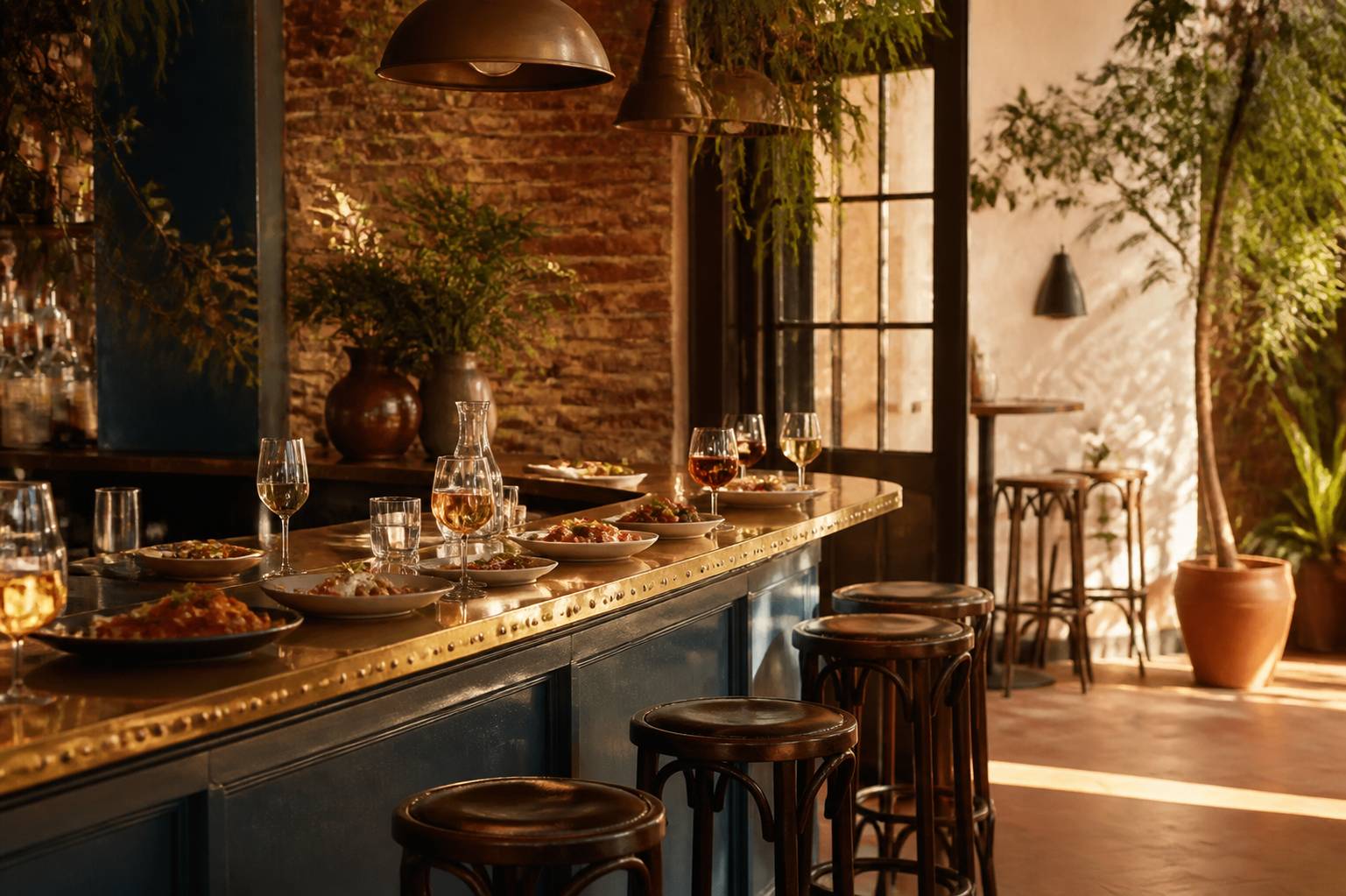 Comptoir de bar à tapas avec zinc en laiton, assiettes de tapas et verres de vin