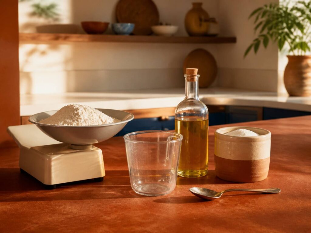 Balance de cuisine avec bol de farine, verre doseur et bouteille d'huile sur un plan de travail