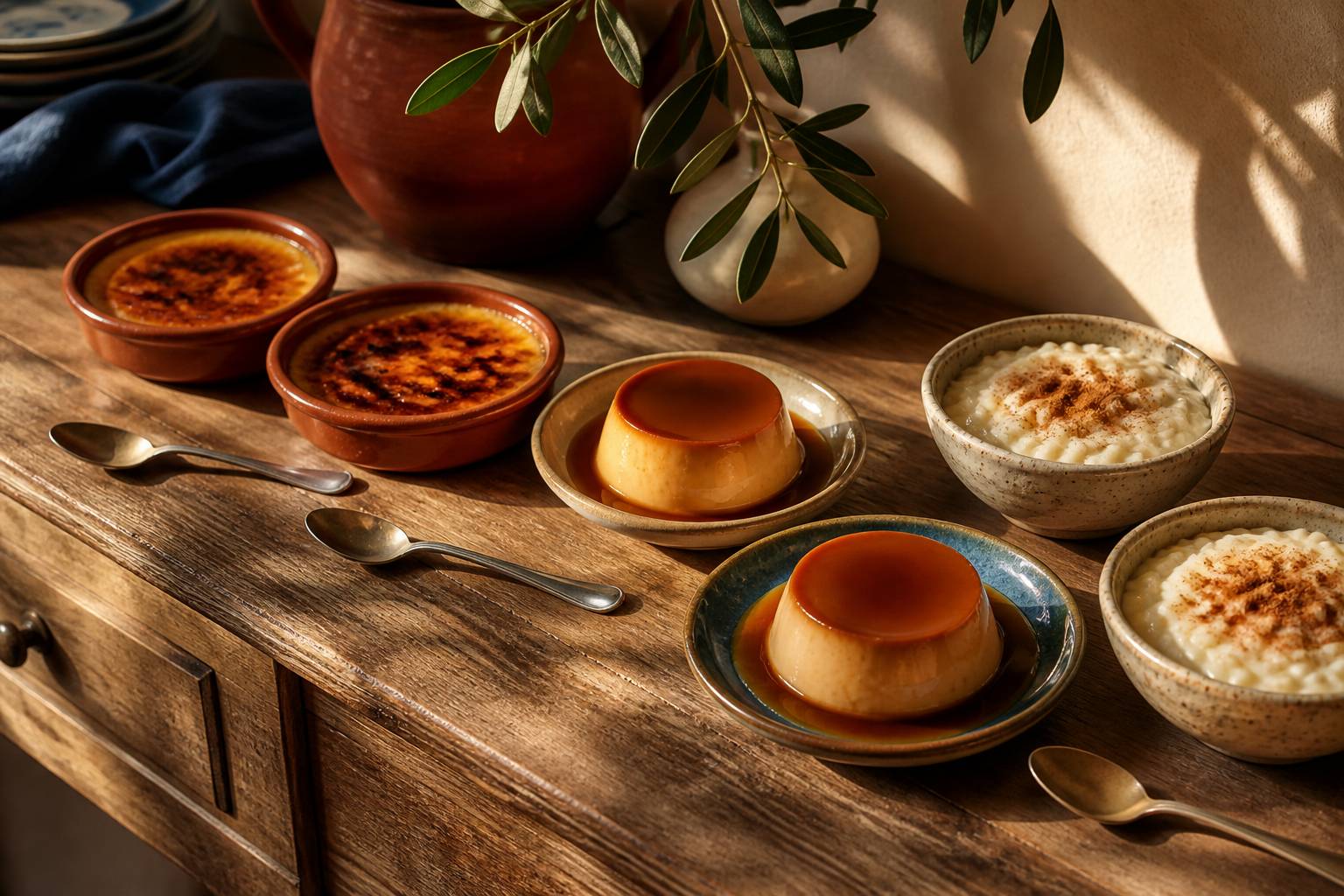 Crème catalane caramélisée, flans et riz au lait dans des ramequins en terre cuite