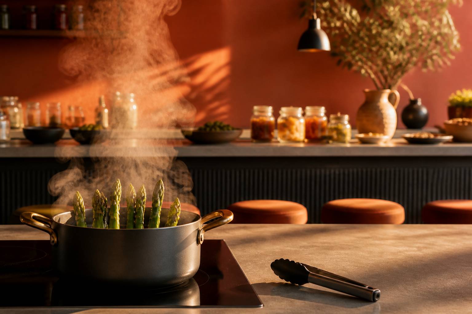 Asperges vertes plongées dans une casserole d'eau bouillante