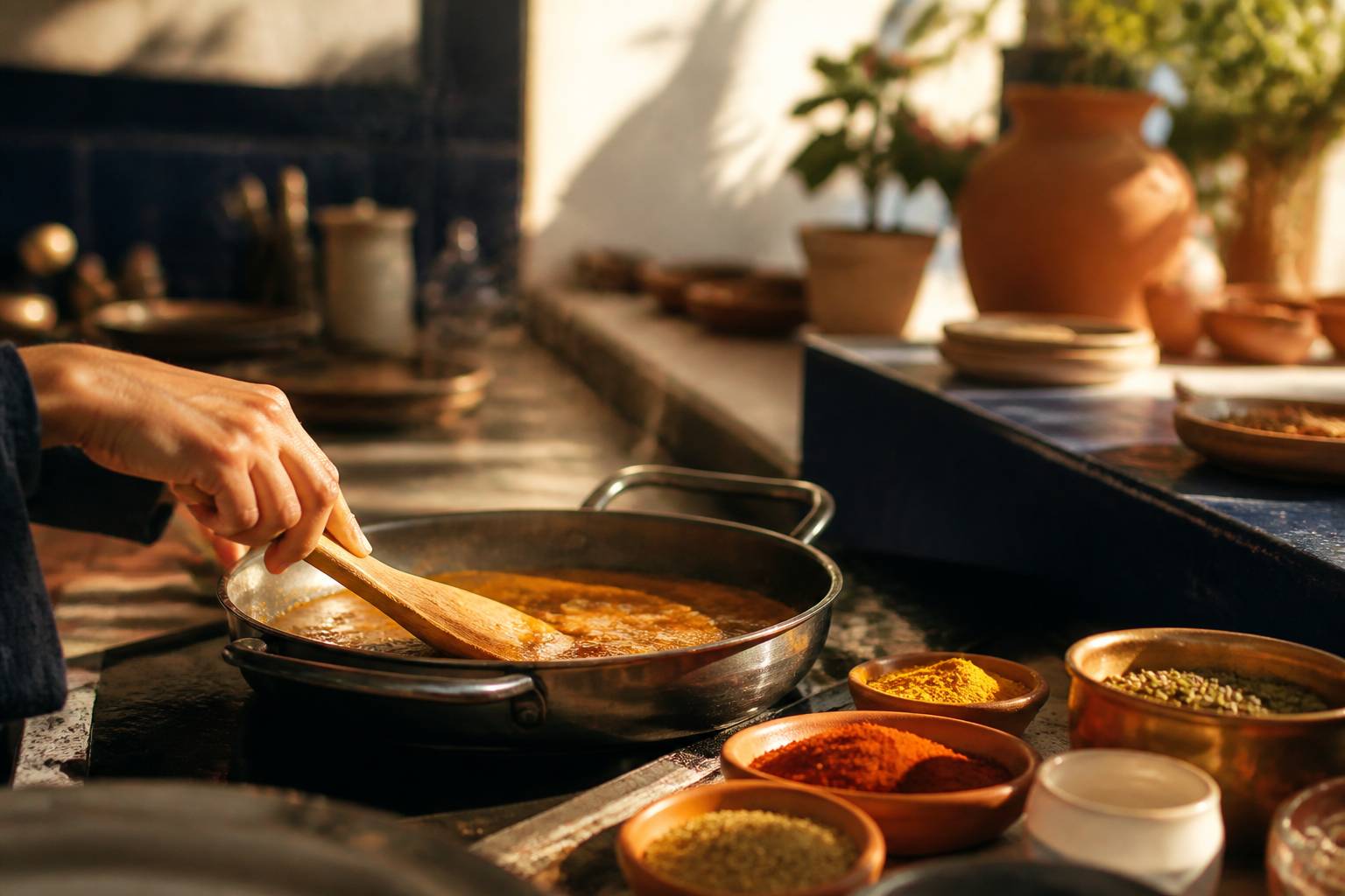 Mains faisant chauffer du curry dans une casserole avec des épices et de l'huile