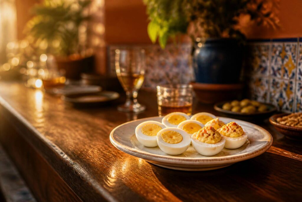 Assiette d'œufs durs écalés et œufs mimosa sur un comptoir chaleureux de bar à tapas