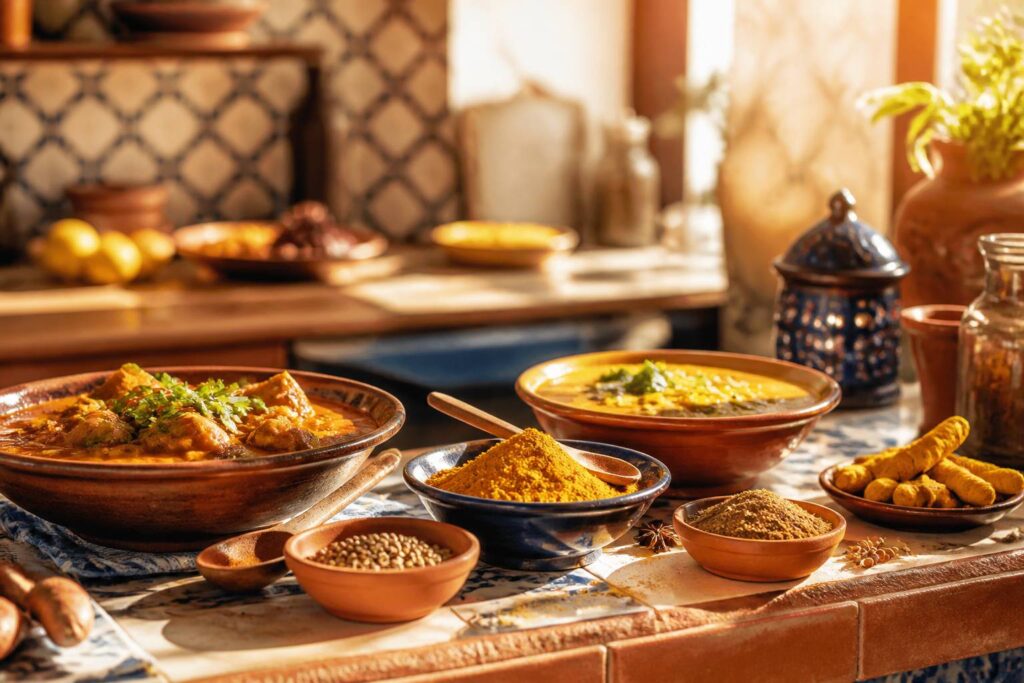Bols de curry et d'épices en poudre sur un comptoir de cuisine chaleureux