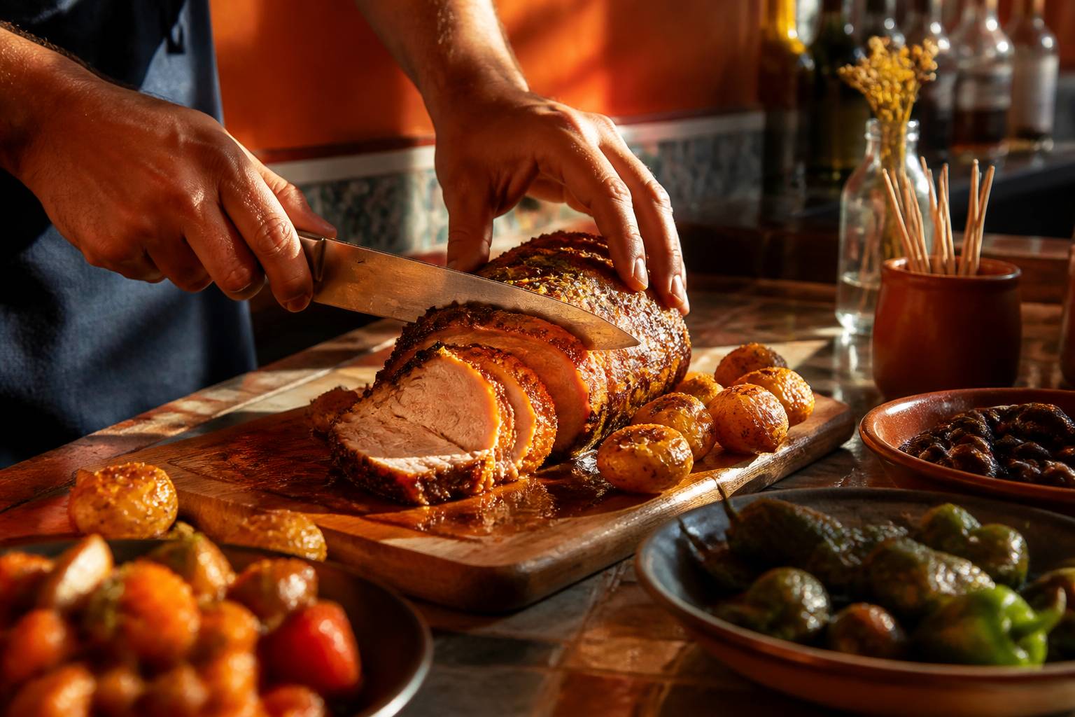 Mains découpant un rôti de porc doré sur une planche