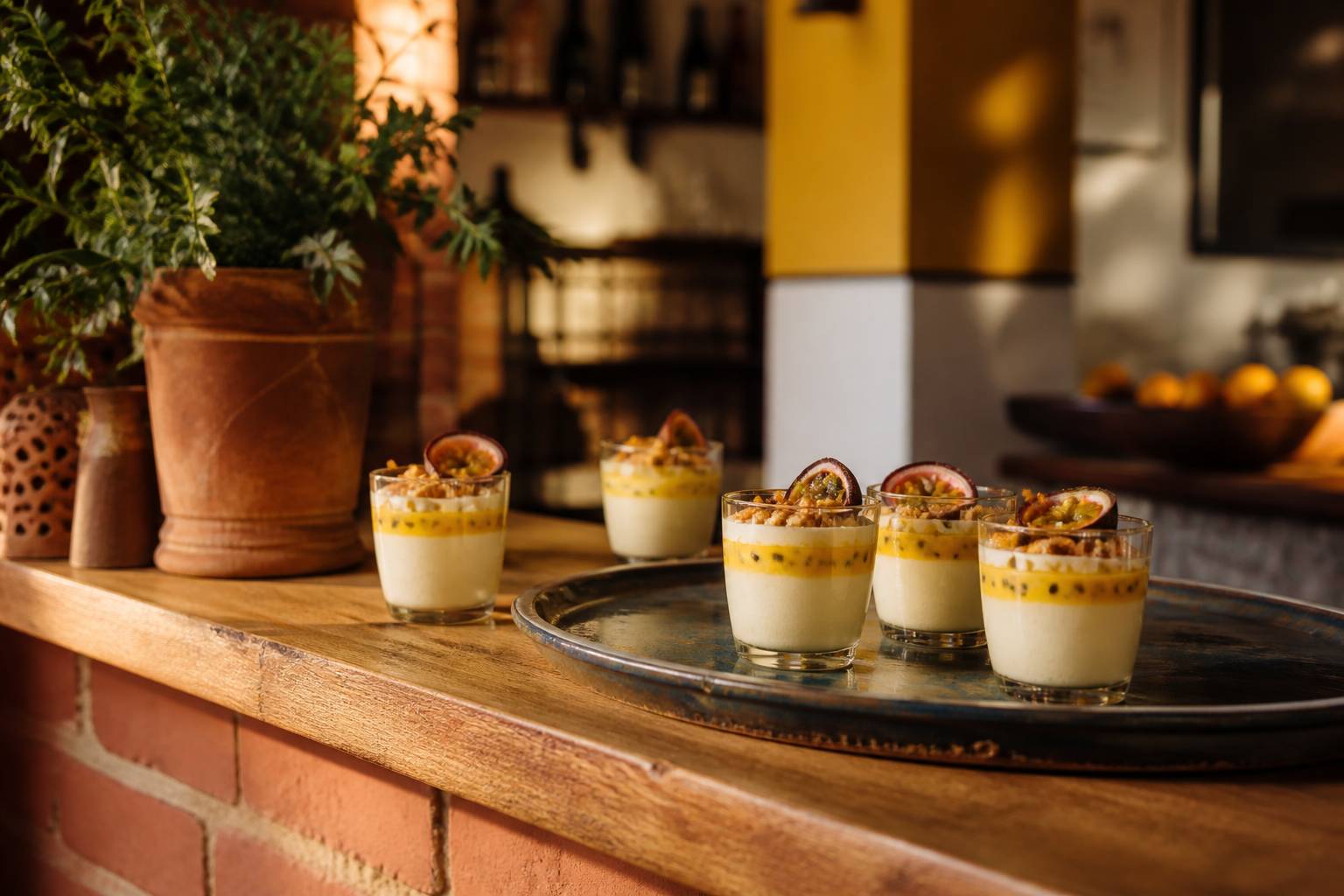 Verrine de dessert au fruit de la passion avec coulis jaune et graines