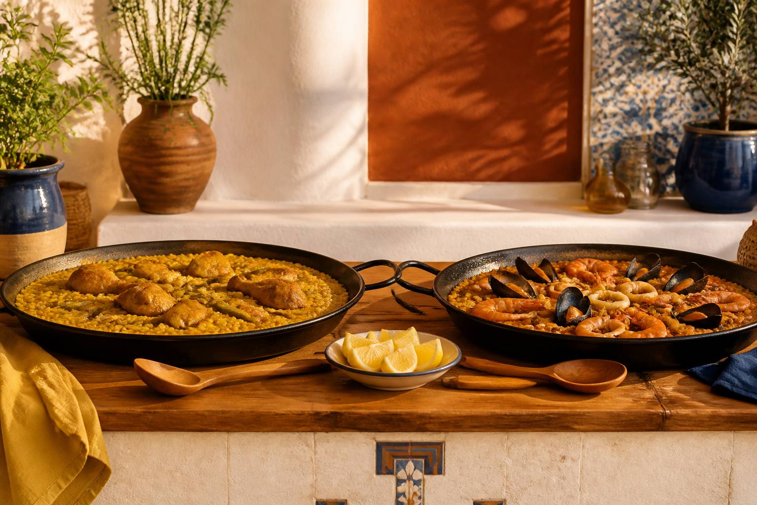 Deux poêles à paella comparées : l'une au poulet, l'autre aux fruits de mer avec moules et crevettes