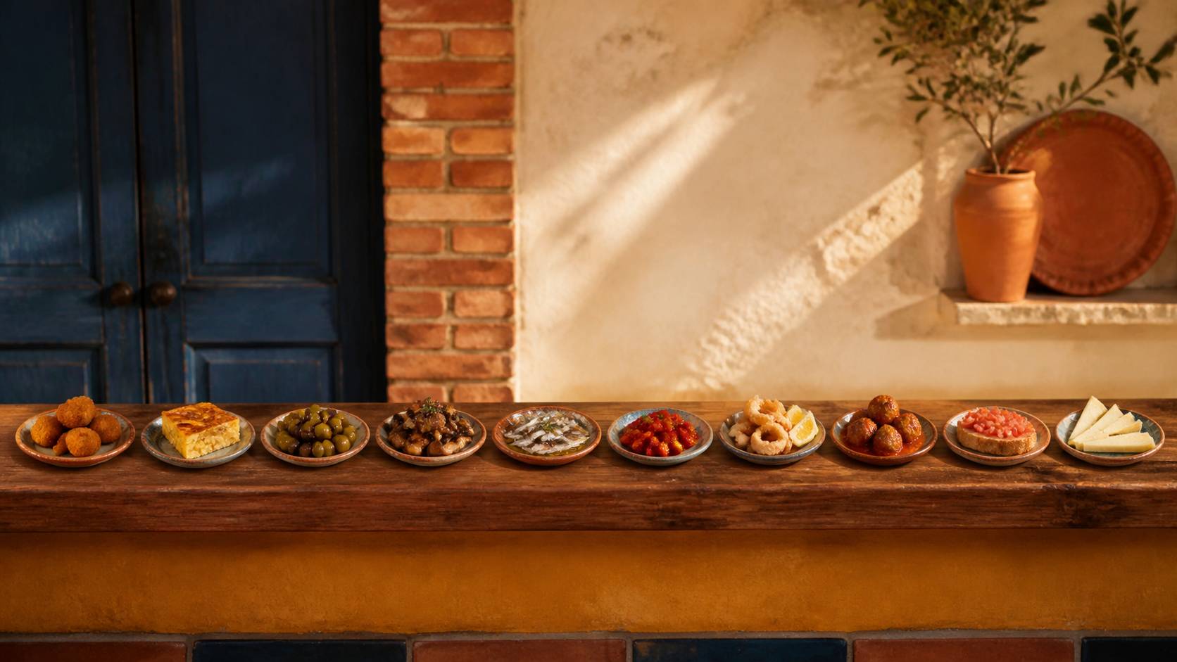 Dix petites assiettes de tapas maison alignées sur un comptoir en bois
