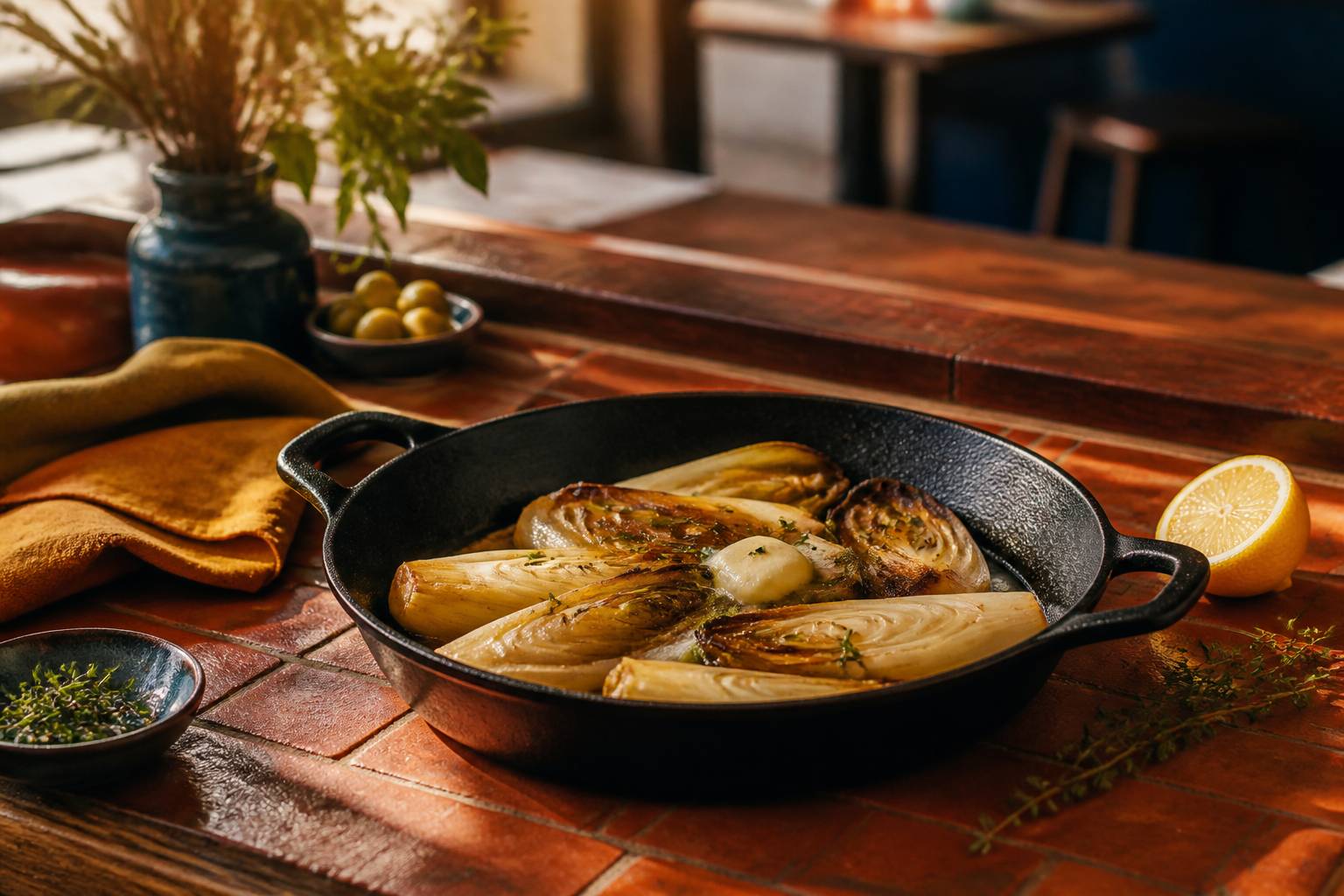 Endives braisées dorées au beurre dans une poêle en fonte avec du citron