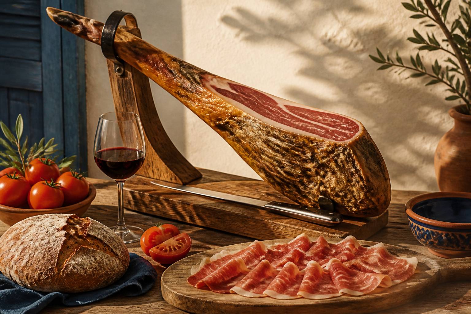 Étal de charcuterie avec jambon serrano, tranches fines en éventail et pain