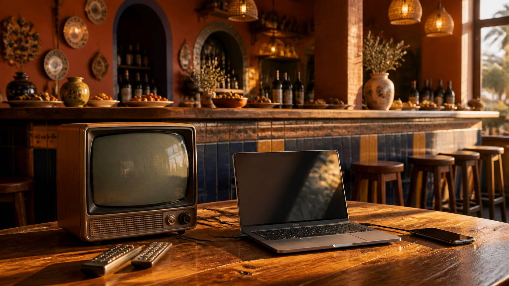 Vieux téléviseur rétro, ordinateur portable et smartphone réunis sur une table en bois