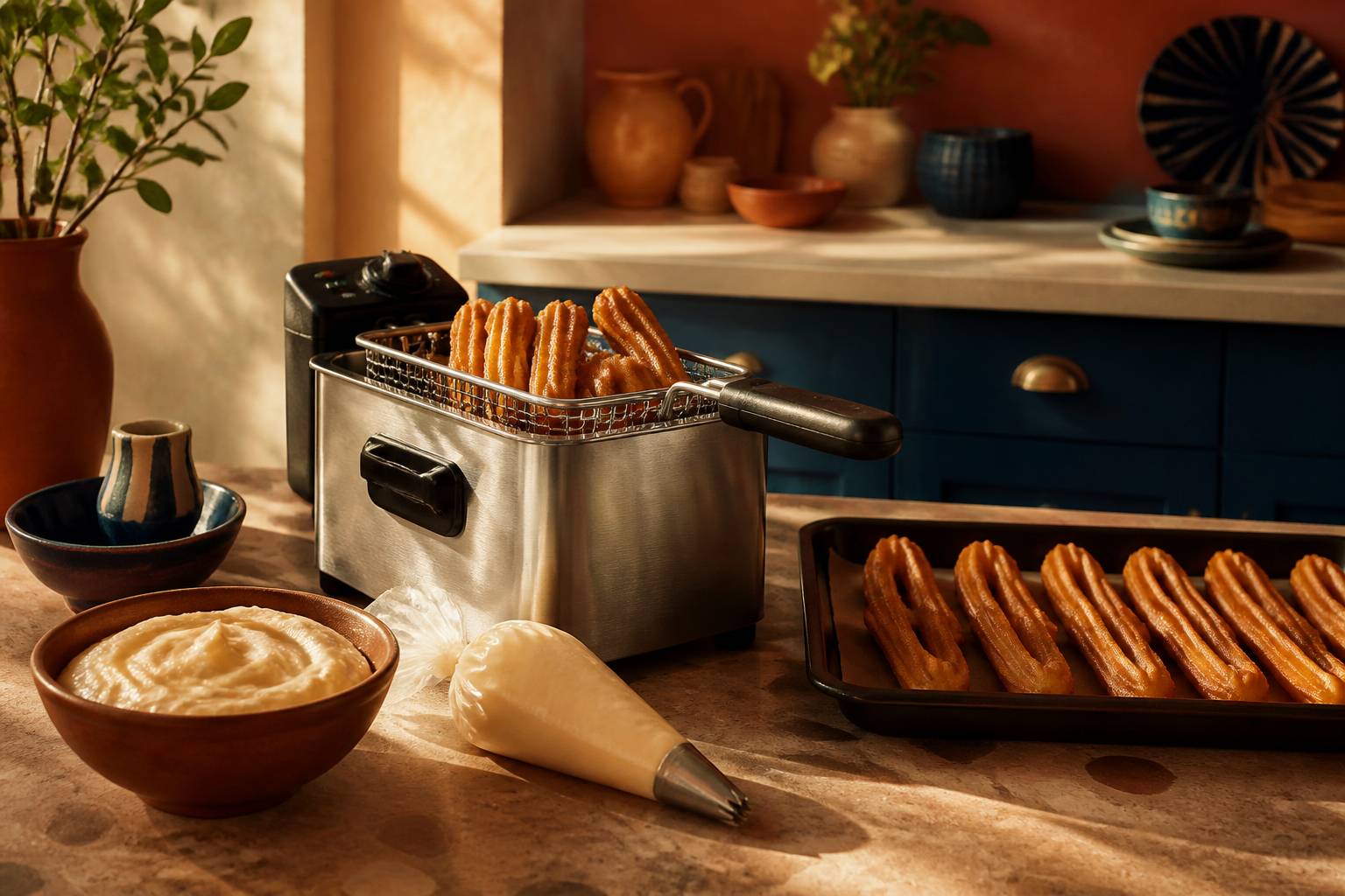 Friteuse et plaque de four avec churros dorés pour comparer les deux cuissons