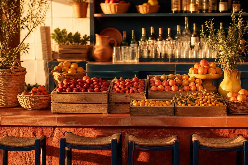 Étal de marché avec baies rouge-orangé et fruits solaires
