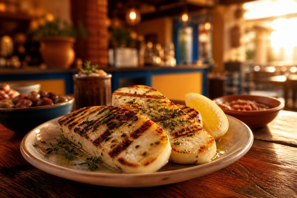 Tranches de halloumi grillé avec herbes méditerranéennes et citron dans une assiette