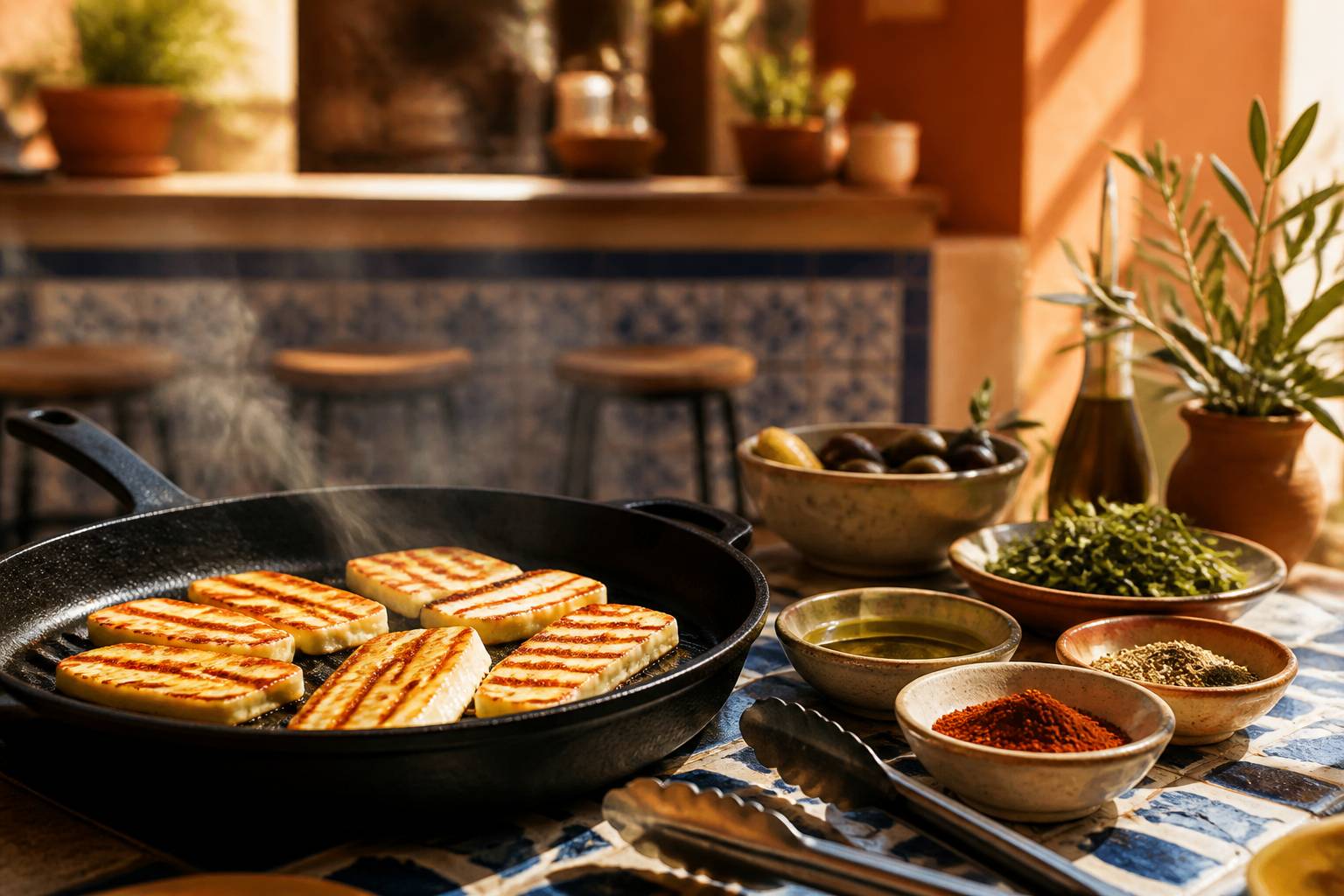 Halloumi en cours de grillade dans une poêle avec épices et herbes aromatiques