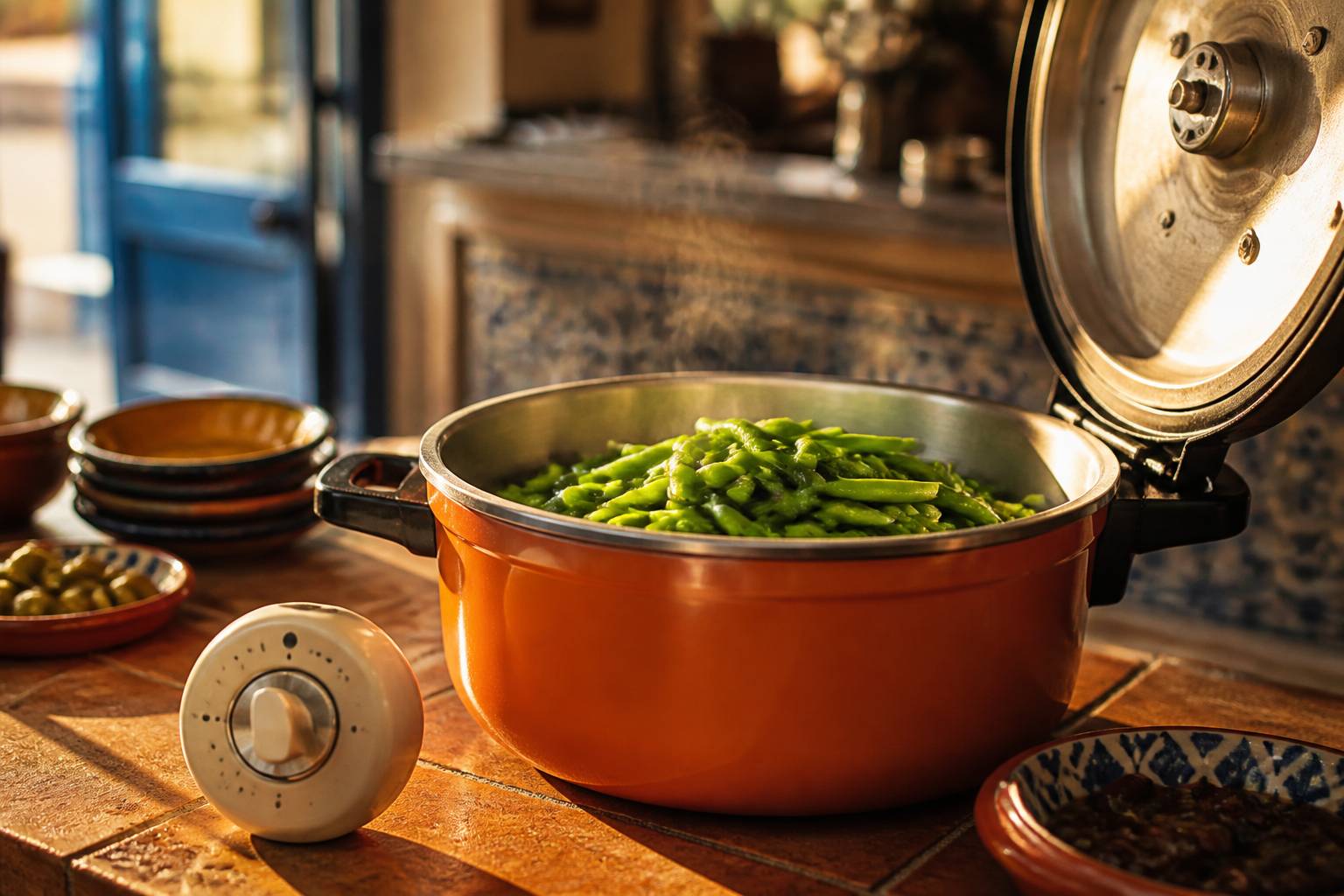 Panier vapeur de haricots verts dans une cocotte-minute ouverte