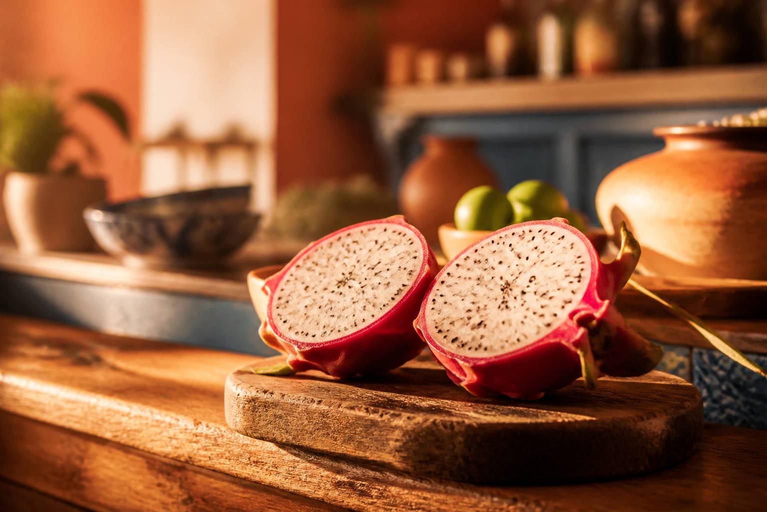 Fruit exotique à chair blanche coupé en deux sur une planche en bois