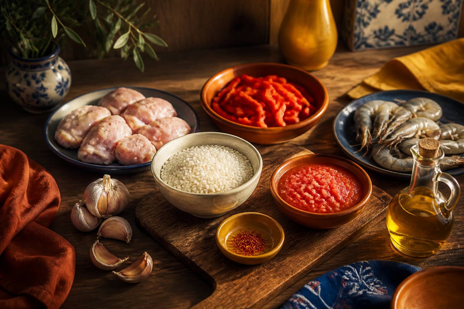Ingrédients de paella express : riz rond, safran, tomates, poivrons, poulet et crevettes