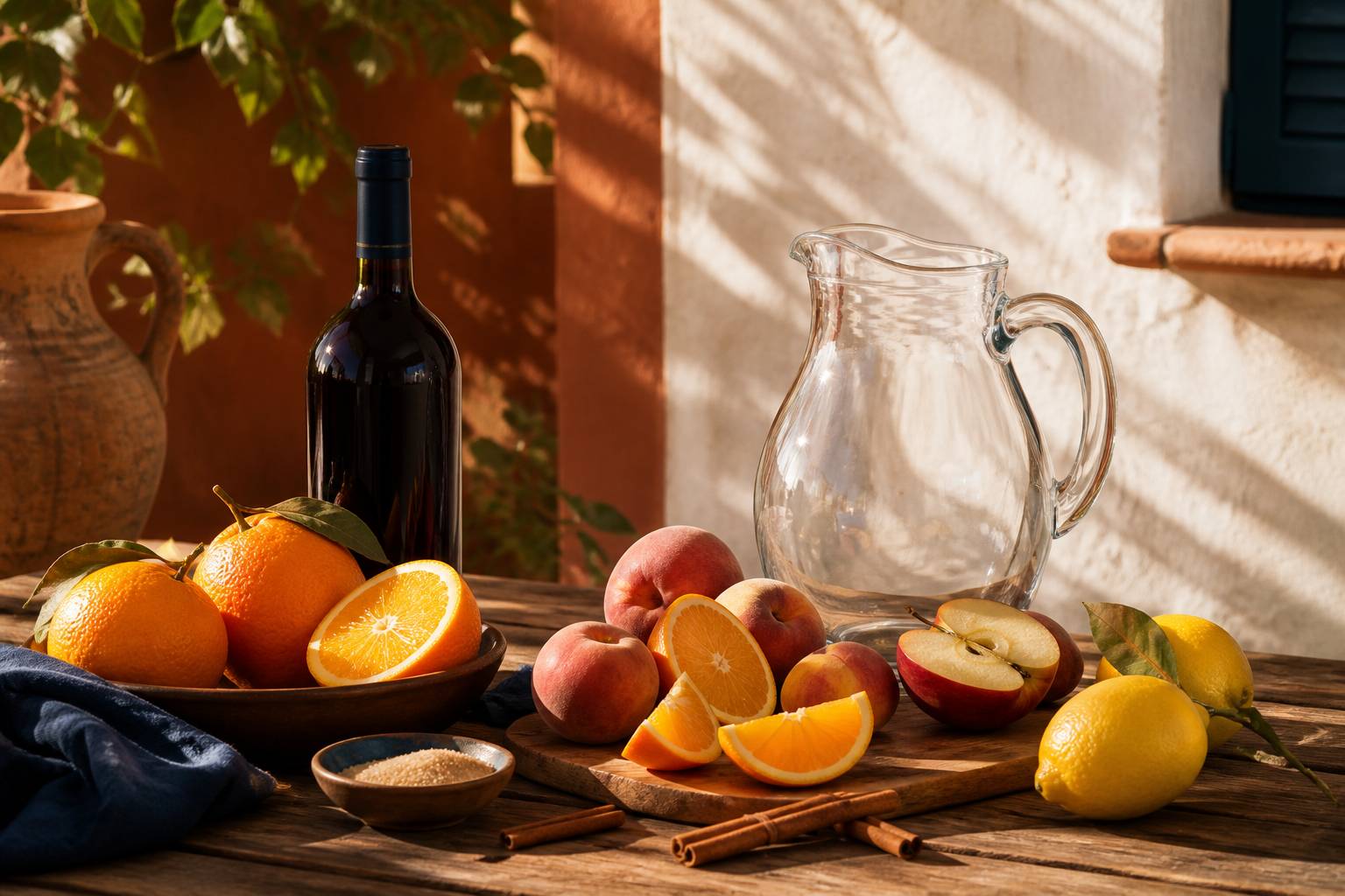Ingrédients de sangria maison : vin rouge, oranges, citrons, pêches et bâton de cannelle