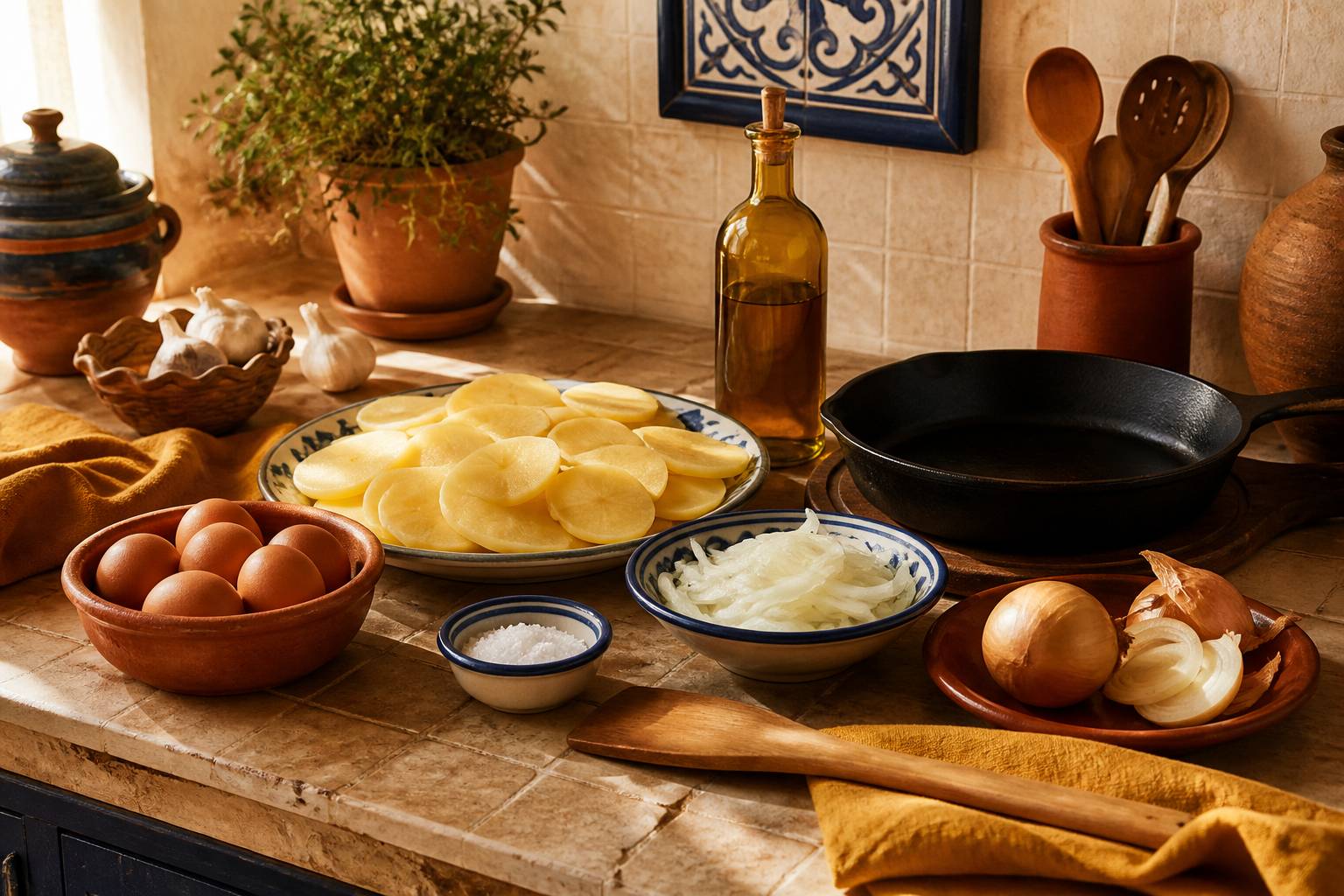 Ingrédients de tortilla espagnole : pommes de terre en rondelles, oignons, œufs et huile d'olive