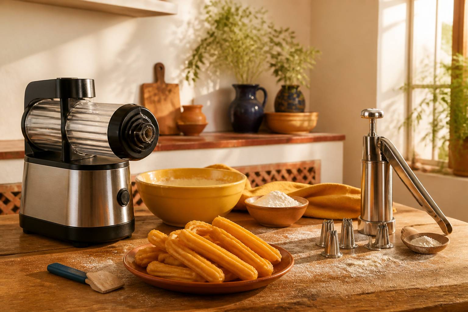 Machine électrique à churros et poche à douille manuelle comparées sur plan de travail