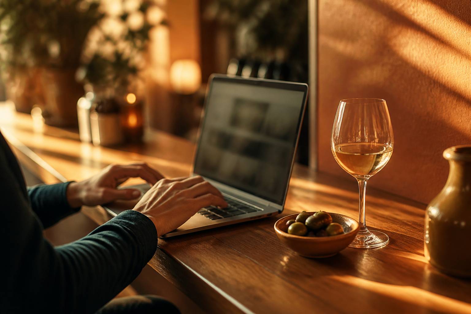 Mains tapant sur un clavier avec un verre de vin et des olives