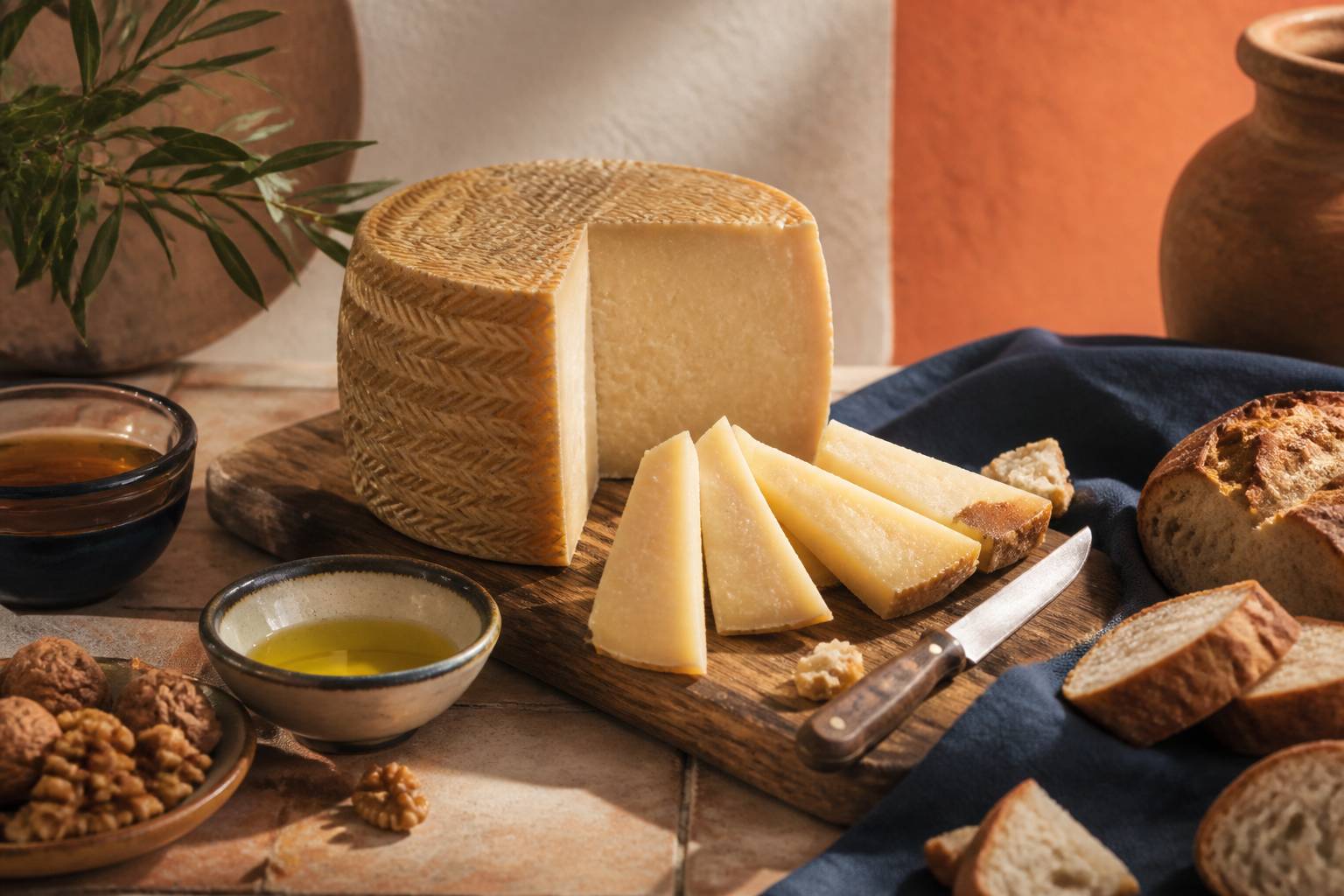 Meule de manchego entamée avec portions triangulaires, huile d'olive, miel et noix