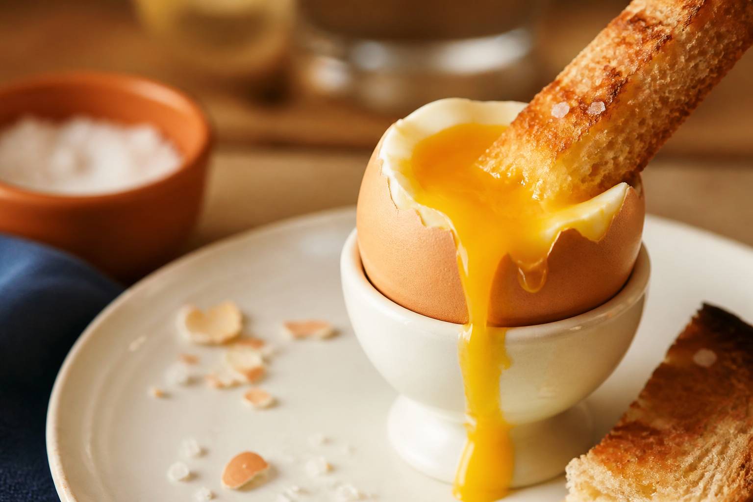 Œuf à la coque ouvert avec jaune coulant et mouillette de pain grillé plongée dedans