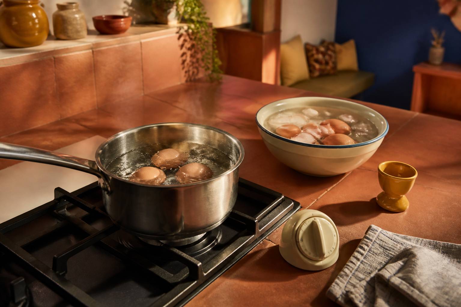 Œufs en train de cuire dans une casserole d'eau bouillante avec un minuteur de cuisine