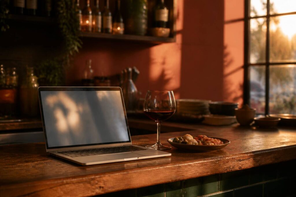 Ordinateur portable sur un comptoir en bois avec tapas et vin