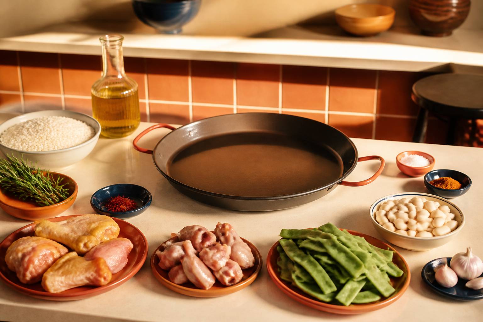 Ingrédients de la paella valencienne disposés sur un comptoir crème avec la poêle au centre