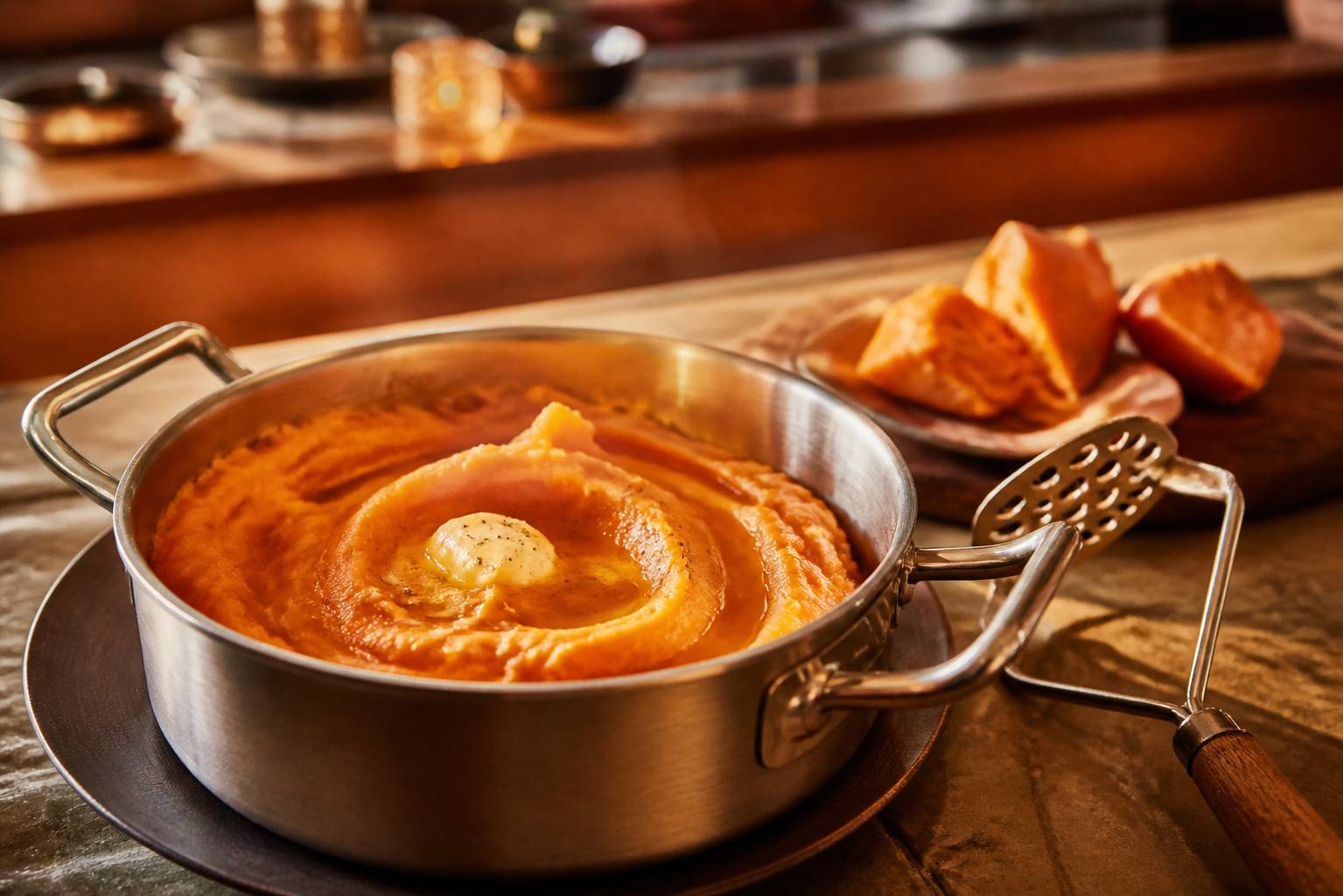 Préparation d'une purée de patate douce avec presse-purée et beurre