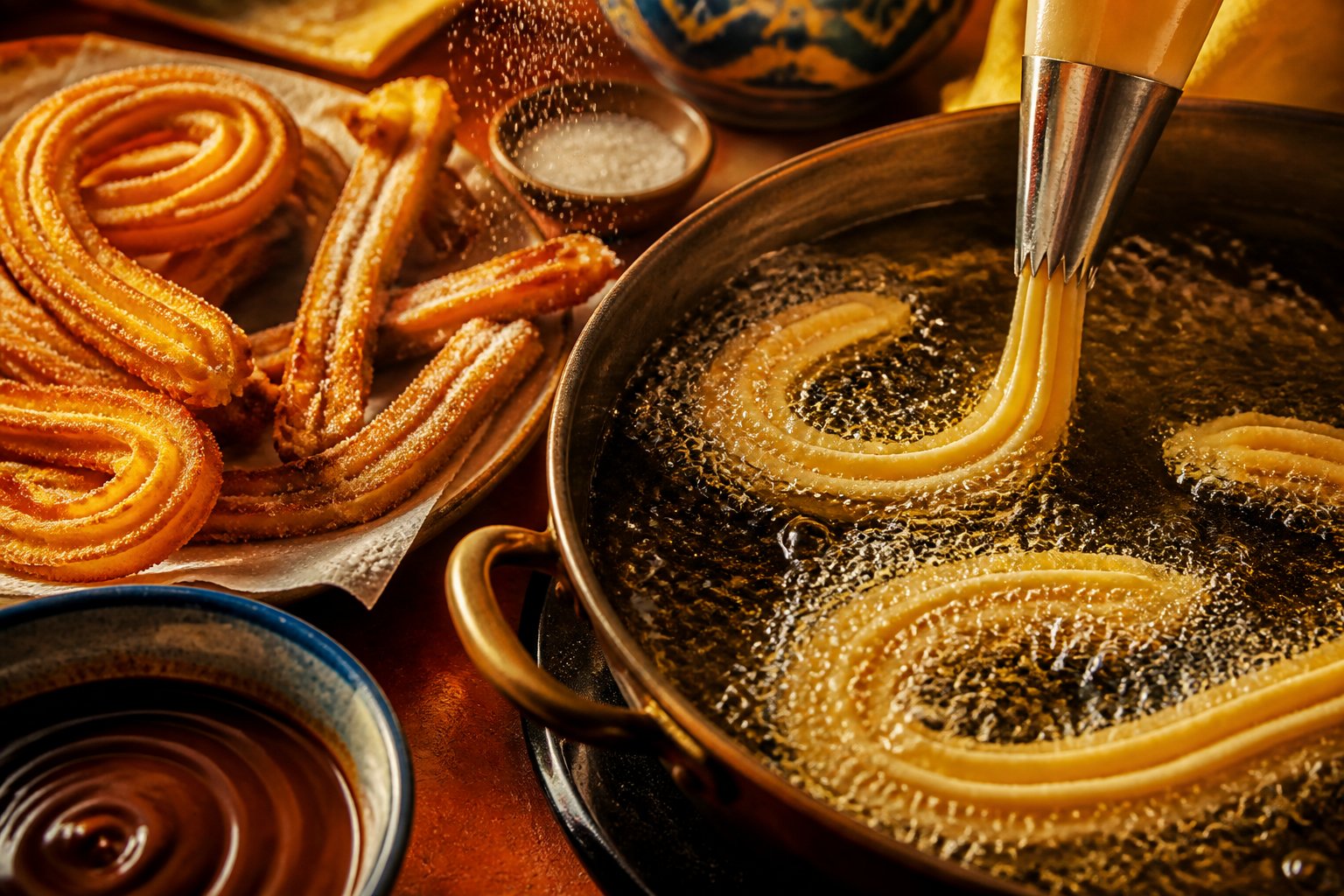 Pâte à churros pressée à la douille étoilée au-dessus d'une friteuse
